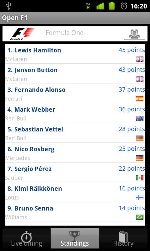 F1 Live standings screenshot